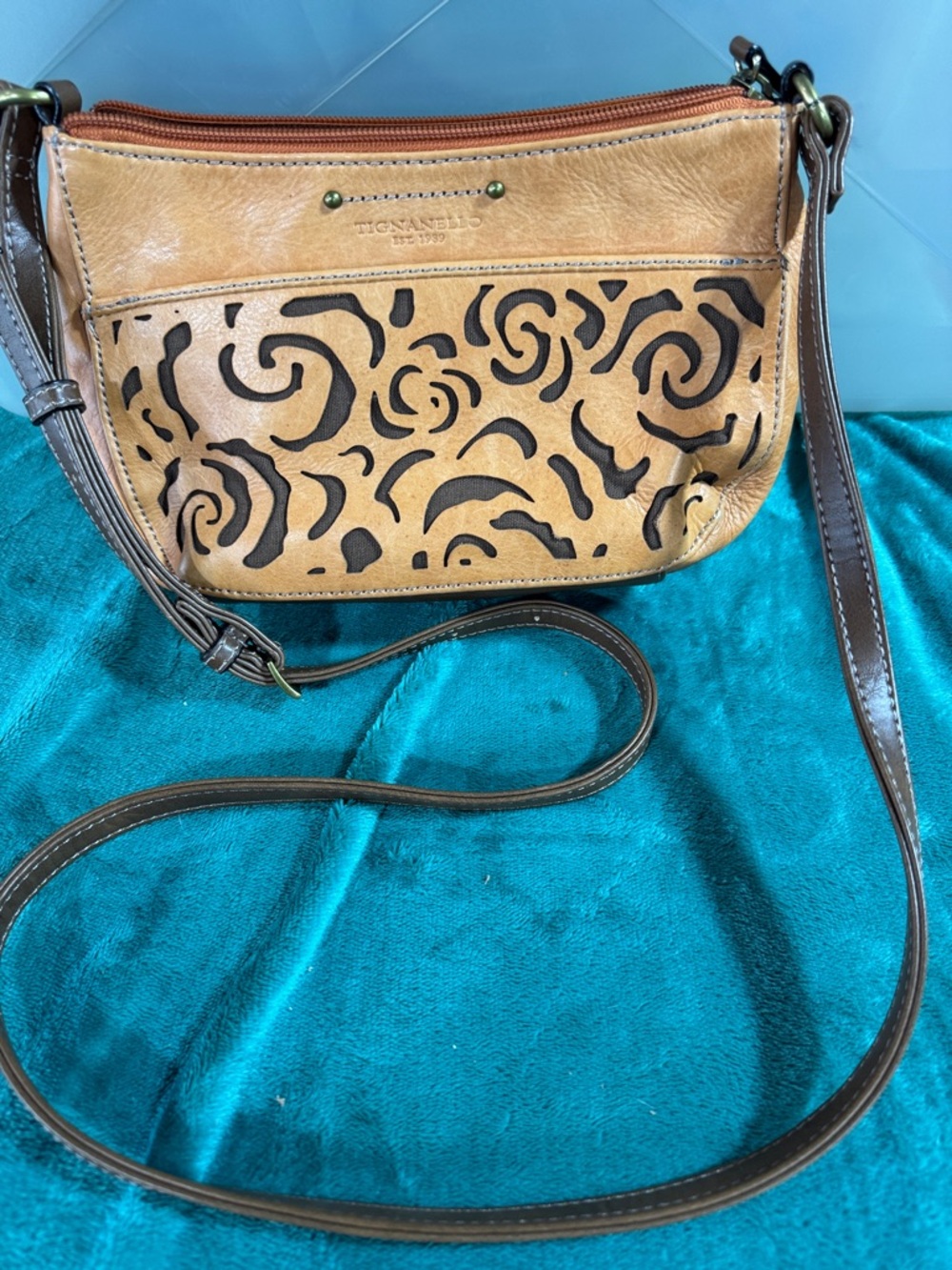 Tignanello Tan Laser-Cut Leather Crossbody Bag
